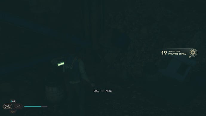 Star Wars Jedi Survivor screenshot showing Cal getting a Priorite Shard in a very dark tunnel.
