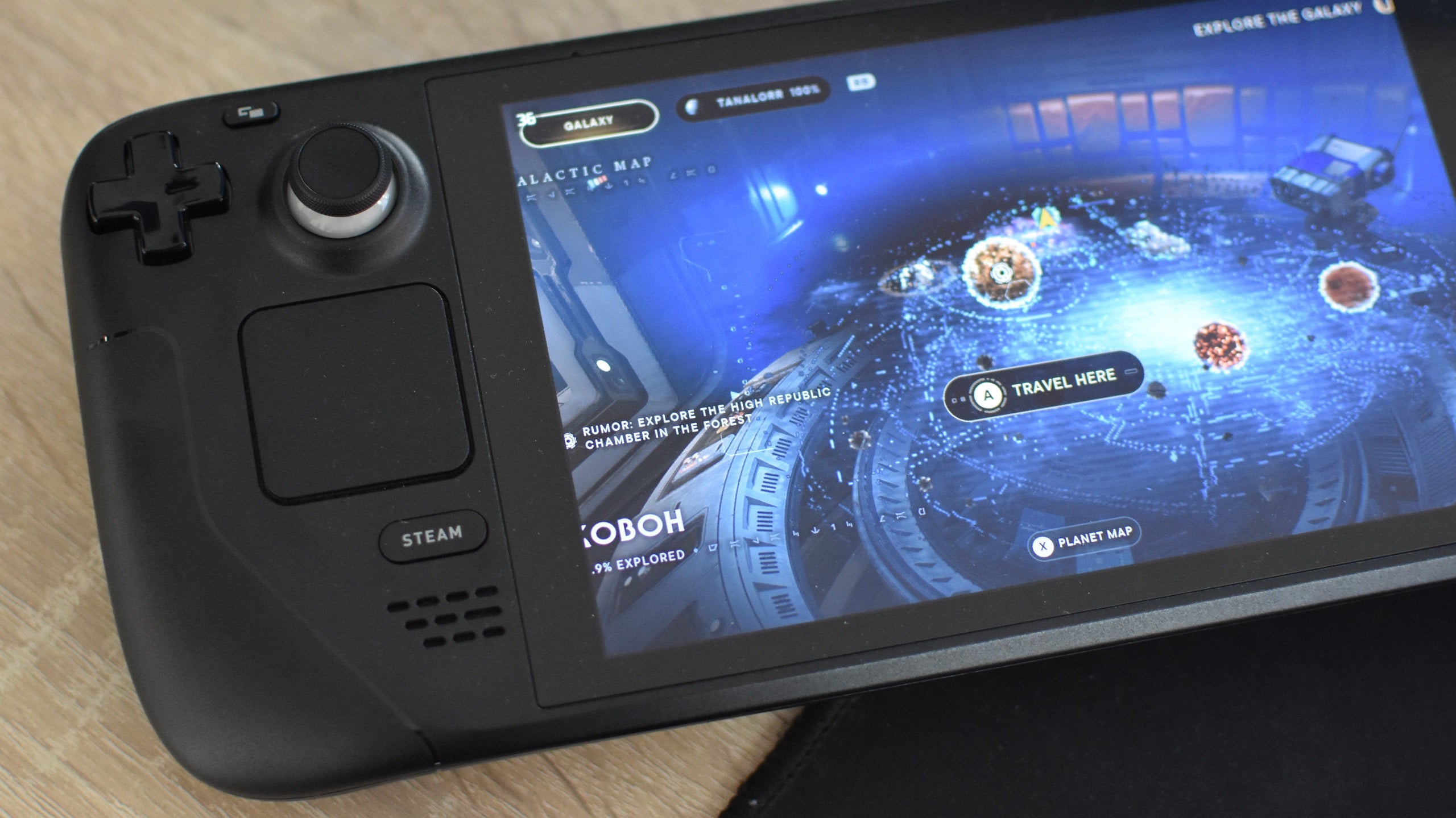 The galaxy map in Star Wars Jedi: Survivor running on a Steam Deck. Because of an error, text is partically obscured offscreen.