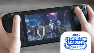 Star Wars Jedi: Survivor running on a Steam Deck. The RPS Steam Deck Academy logo is added in the bottom right corner.