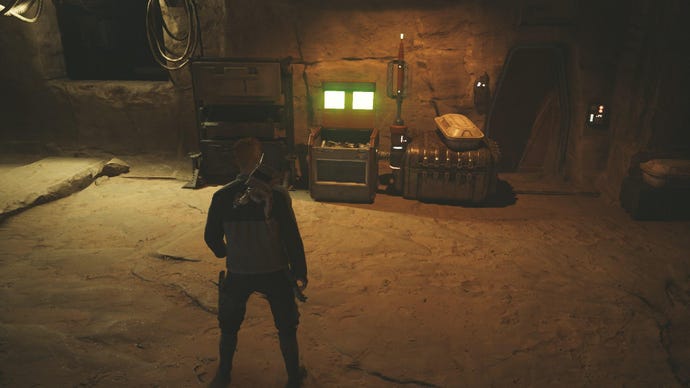 Star Wars Jedi Survivor screenshot showing Cal stood near an open chest in the archives.