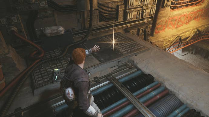 Star Wars Jedi Survivor screenshot showing Cal finding a Jedha Scroll in The Archives.
