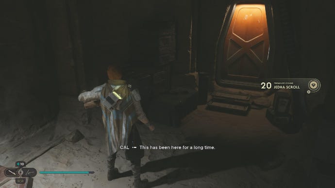 Star Wars Jedi Survivor screenshot showing Cal finding a Jedha Scroll in The Archives.