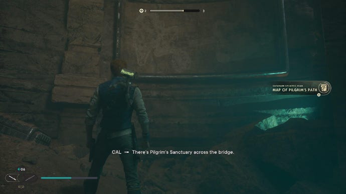 Star Wars Jedi: Survivor screenshot showing Cal staring at a rocky wall in a desert cave.