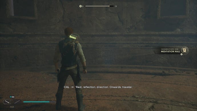 Star Wars Jedi: Survivor screenshot showing Cal stood in a Meditation Hall with sand covering the floor.