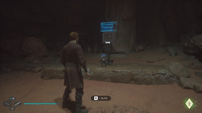 Star Wars Jedi Survivor screenshot showing Cal stood near a terminal underground.