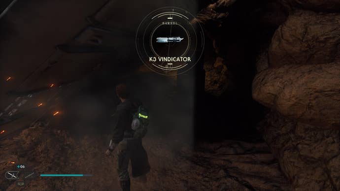 Star Wars Jedi: Survivor screenshot showing Cal staring at a chest in a dark cave.