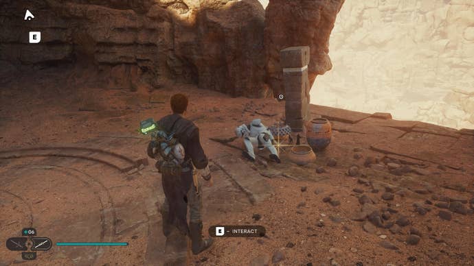 Star Wars Jedi: Survivor screenshot showing Cal staring at a Stormtrooper corpse.