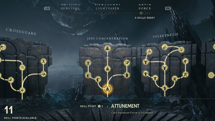 Star Wars Jedi Survivor screenshot showing the skill tree with Attunement highlighted.