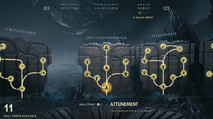 Star Wars Jedi Survivor screenshot showing the skill tree with Attunement highlighted.