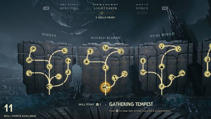 Star Wars Jedi Survivor screenshot showing the skill tree with Gathering Tempest highlighted.