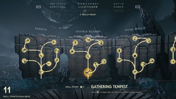 Star Wars Jedi Survivor screenshot showing the skill tree with Gathering Tempest highlighted.