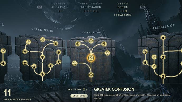Star Wars Jedi Survivor screenshot showing the skill tree with Greater Confusion highlighted.