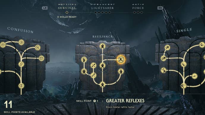 Star Wars Jedi Survivor screenshot showing the skill tree with Greater Reflexes highlighted.