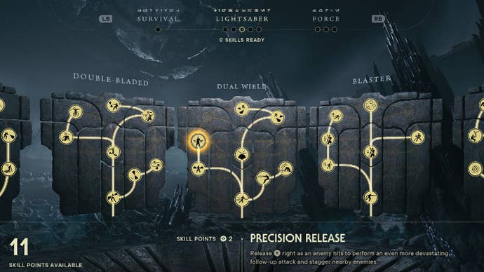 Star Wars Jedi Survivor screenshot showing the skill tree with Precision Release highlighted.