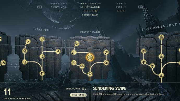 Star Wars Jedi Survivor screenshot showing the skill tree with Sundering Swipe highlighted.