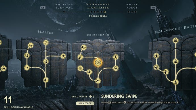 Star Wars Jedi Survivor screenshot showing the skill tree with Sundering Swipe highlighted.