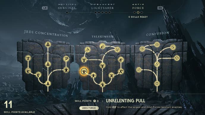Star Wars Jedi Survivor screenshot showing the skill tree with Unrelenting Pull highlighted.