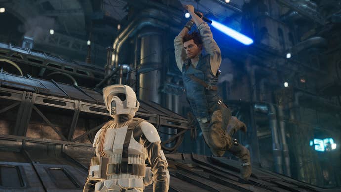 Cal Kestis launches a leaping sneak attack on a Scout Trooper in Star Wars Jedi: Survivor.