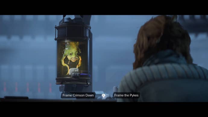 Kay choosing between framing the Pykes or Crimson Dawn while speaking with Bosnok in Star Wars Outlaws.