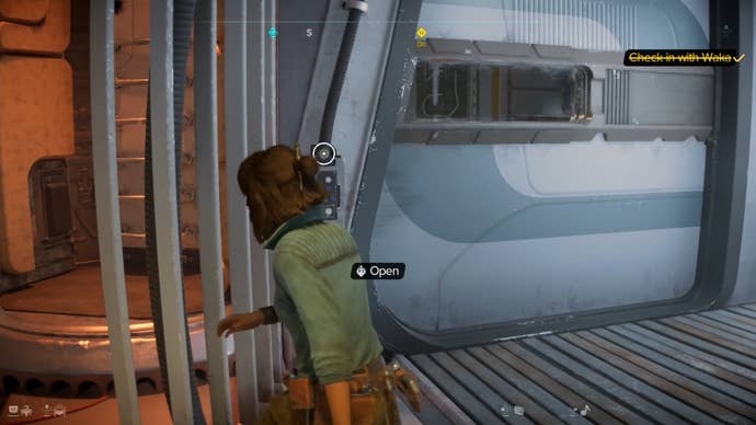 Kay in front of a door on her ship in Star Wars Outlaws.