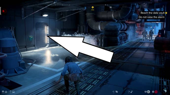 An arrow pointing to a door to the left of a group of Imperial enemies in Star Wars Outlaws.