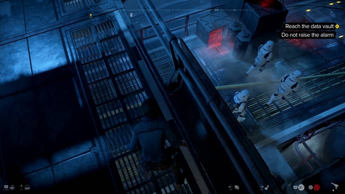 Kay looking down at Stormtroopers passing under a walkway in Star Wars Outlaws.
