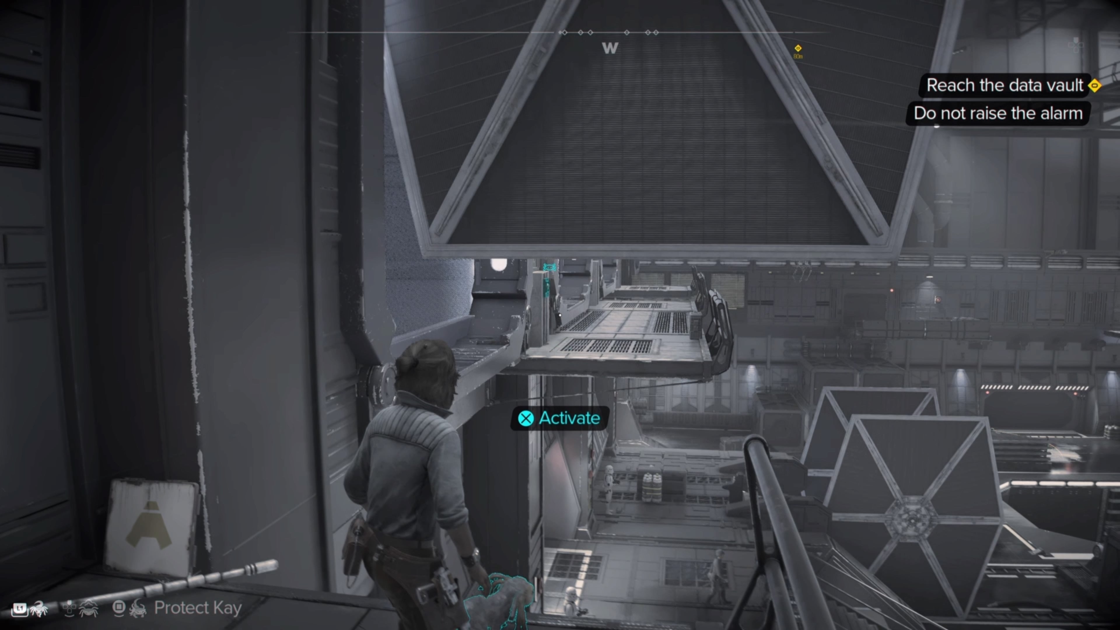 Kay commanding Nix to activate a switch under a TIE Fighter in Star Wars Outlaws.