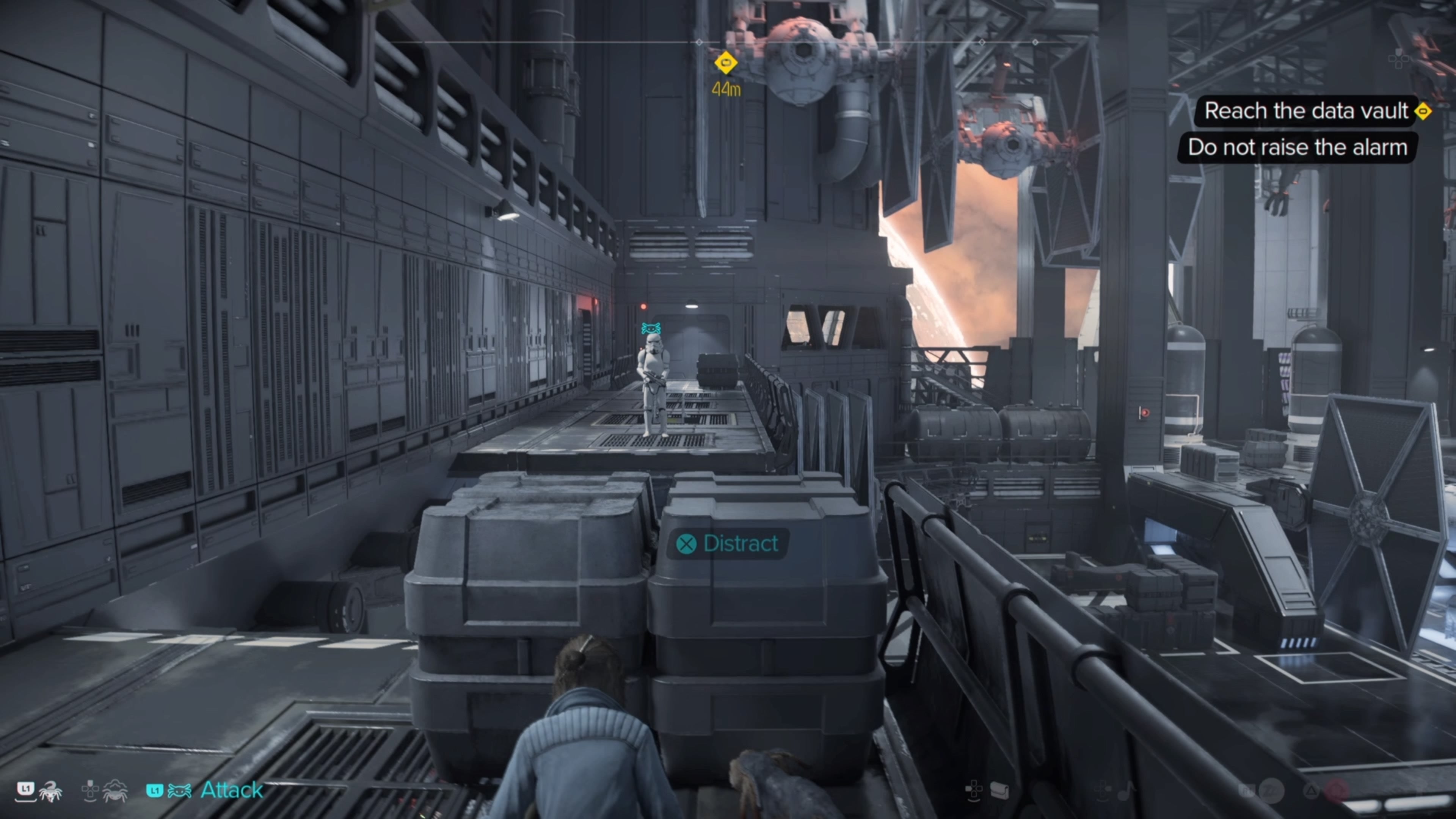 Kay crouched behind boxes, commanding Nix to distract a Stormtrooper in Star Wars Outlaws.
