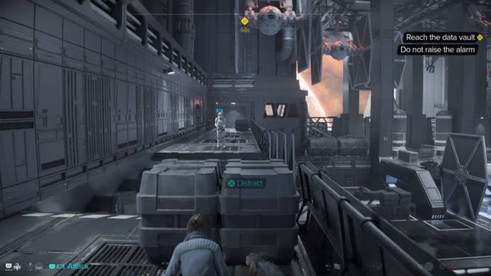 Kay crouched behind boxes, commanding Nix to distract a Stormtrooper in Star Wars Outlaws.