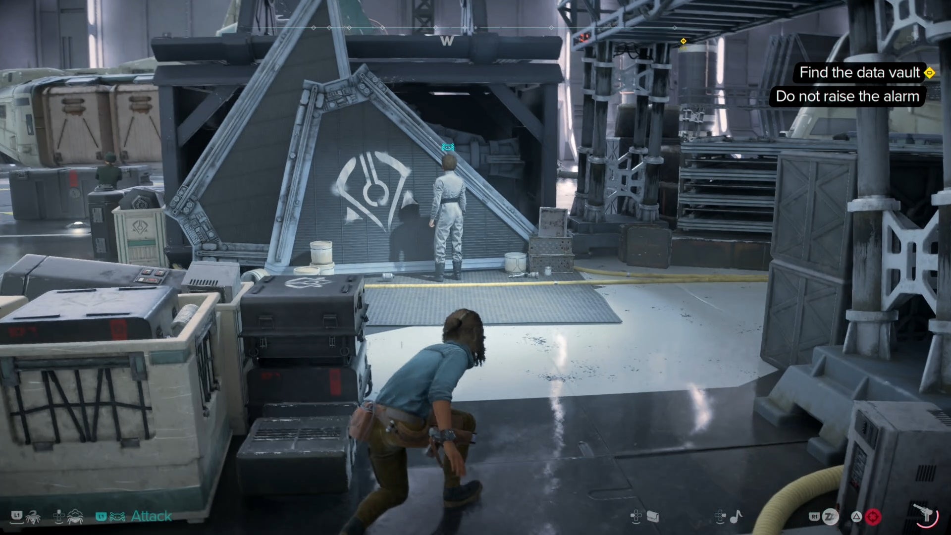 Kay crouching and looking at an Imperial enemy in Star Wars Outlaws.