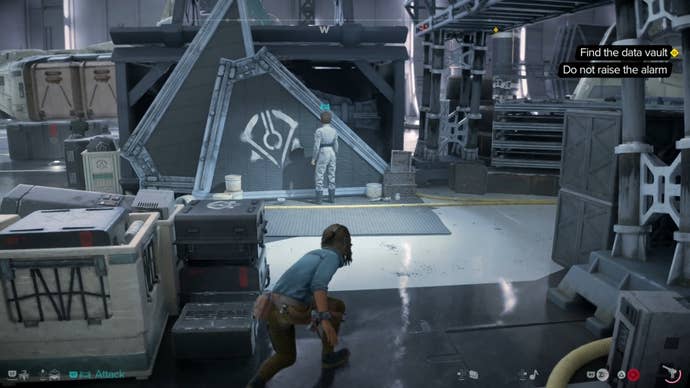 Kay crouching and looking at an Imperial enemy in Star Wars Outlaws.