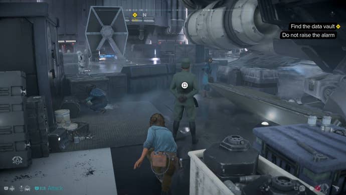 Kay crouching behind an Imperial officer in Star Wars Outlaws.