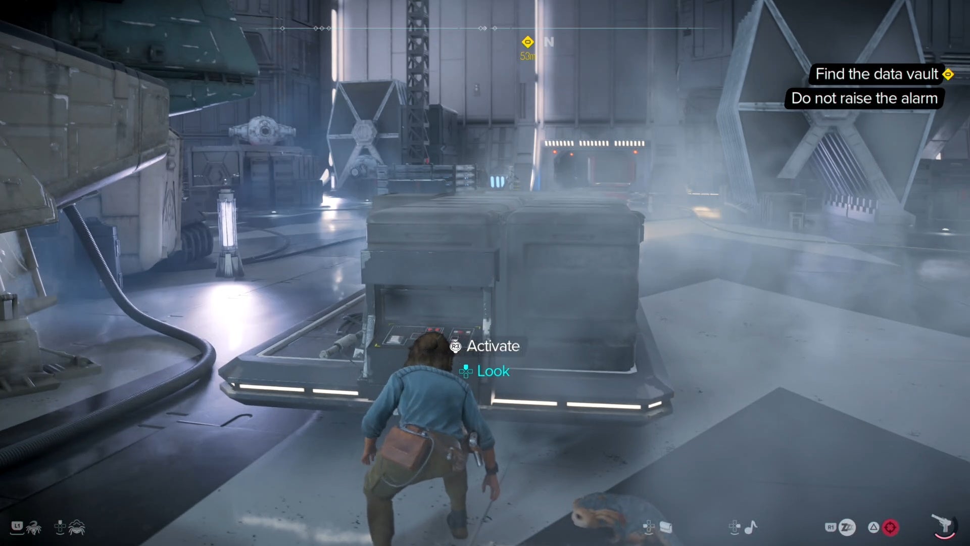 Kay crouched behind a trolley in Star Wars Outlaws.