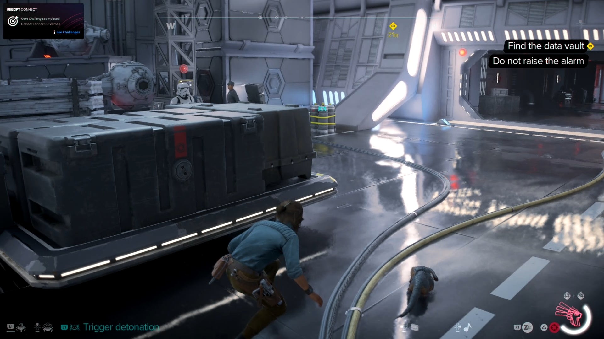 Kay crouched behind a moving trolley in Star Wars Outlaws.