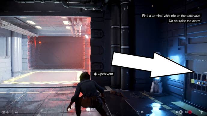 An arrow pointing to a vent beside a red barrier in Star Wars Outlaws.
