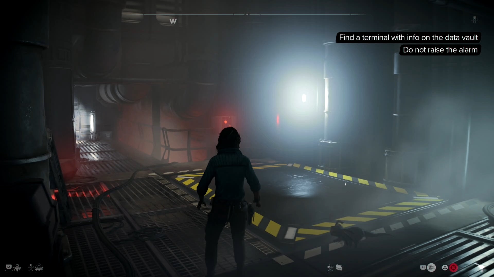 Kay looking at a lift marked with yellow outlines in Star Wars Outlaws.