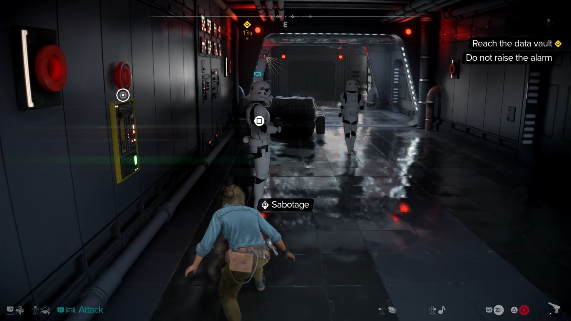 Kay crouching in front of a Stormtrooper in Star Wars Outlaws.
