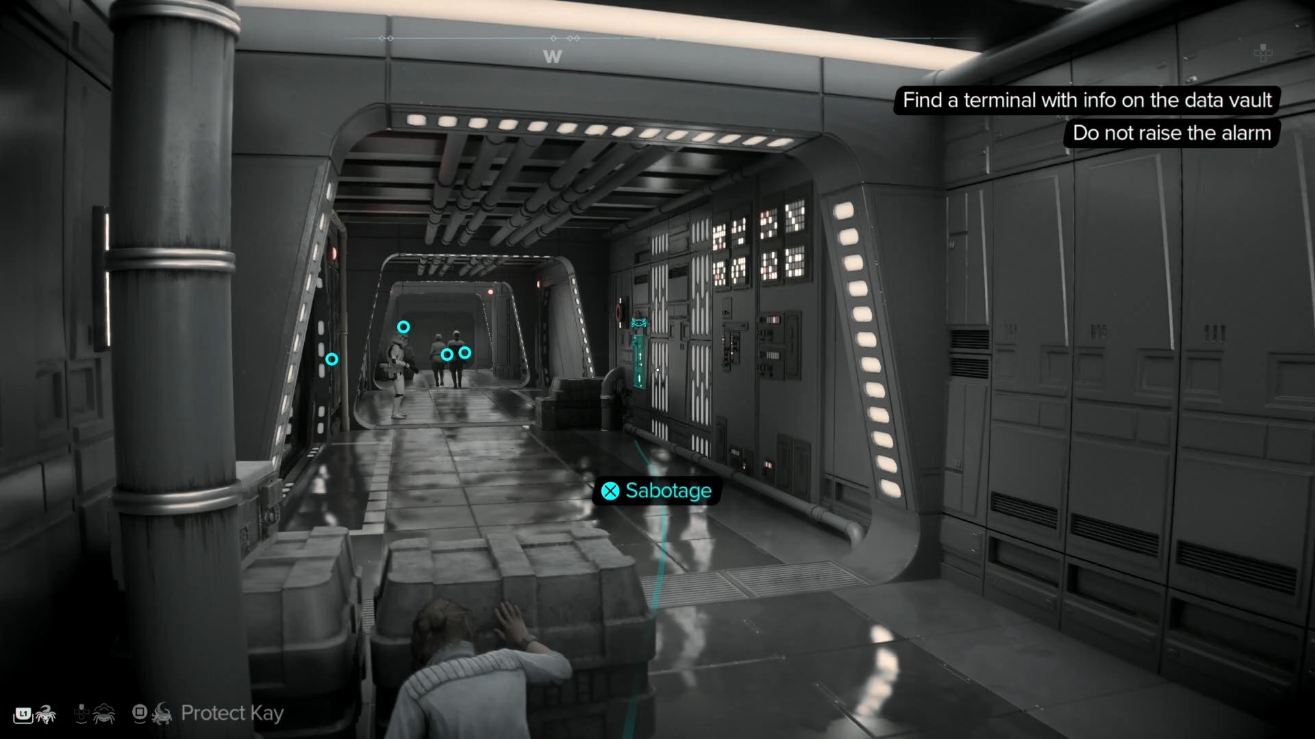 Kay commanding Nox to sabotage an alarm panel in Star Wars Outlaws.