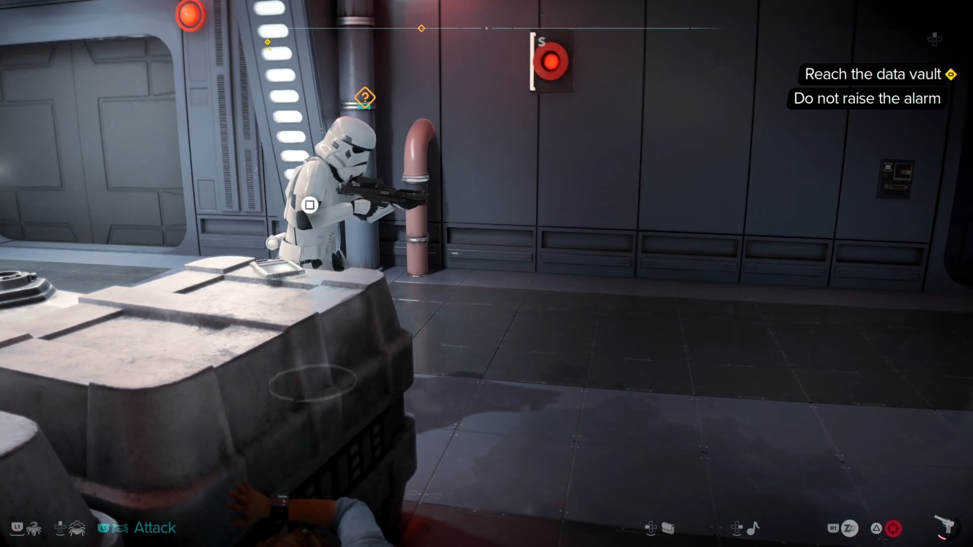 Kay hiding behind boxes as a Stormtrooper approaches in Star Wars Outlaws.