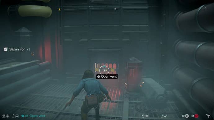 Kay crouched and looking at a vent in Star Wars Outlaws.