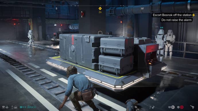 Kay crouched behind Bosnok’s Sled avoiding Stormtroopers in Star Wars Outlaws.