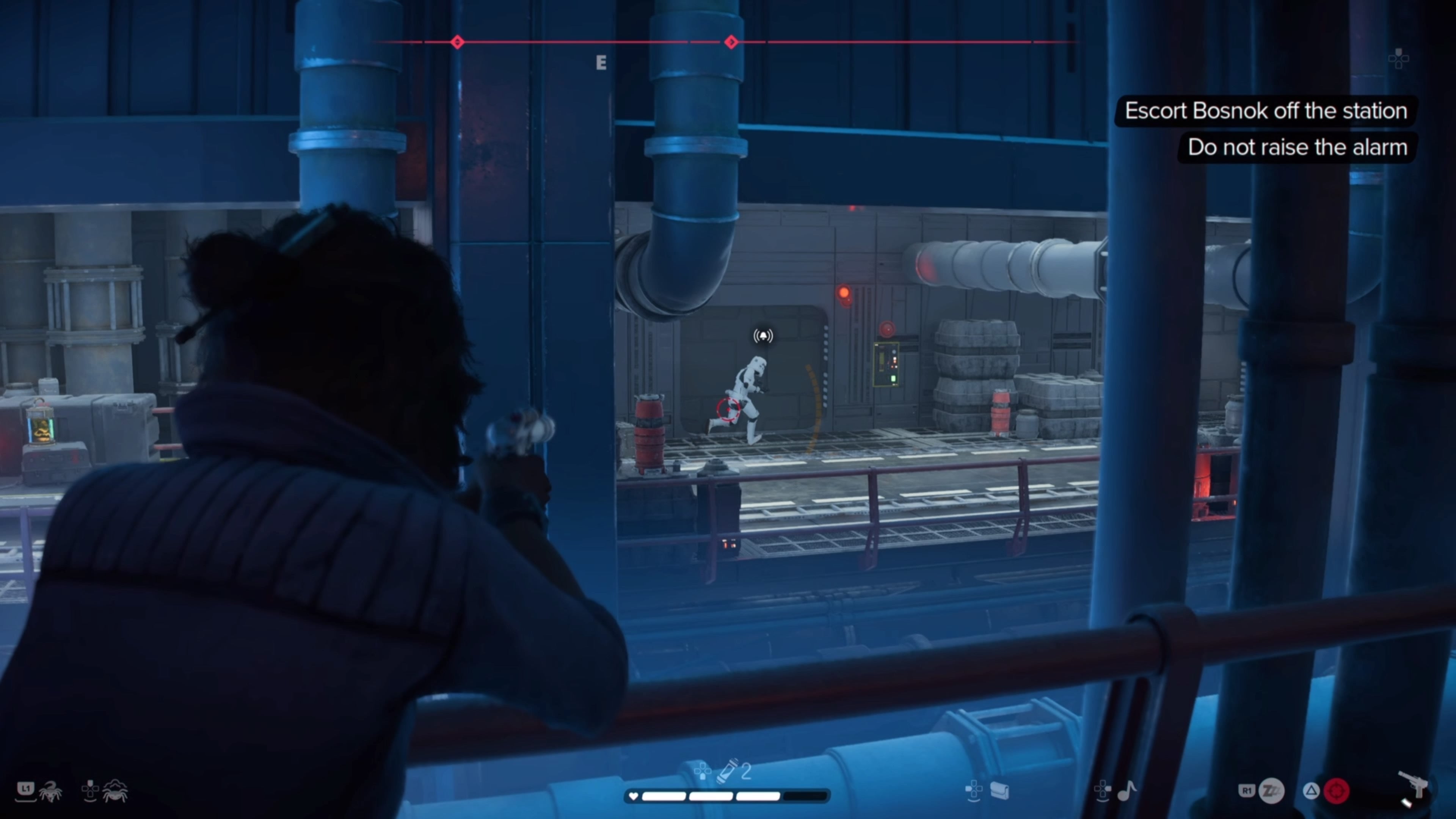 Kay shooting at a Stormtrooper with an alarm symbol above his head in Star Wars Outlaws.