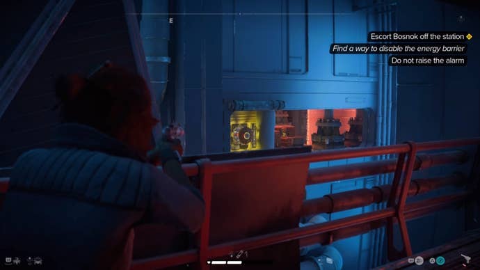 Kay aiming her blaster at a yellow power node in Star Wars Outlaws.