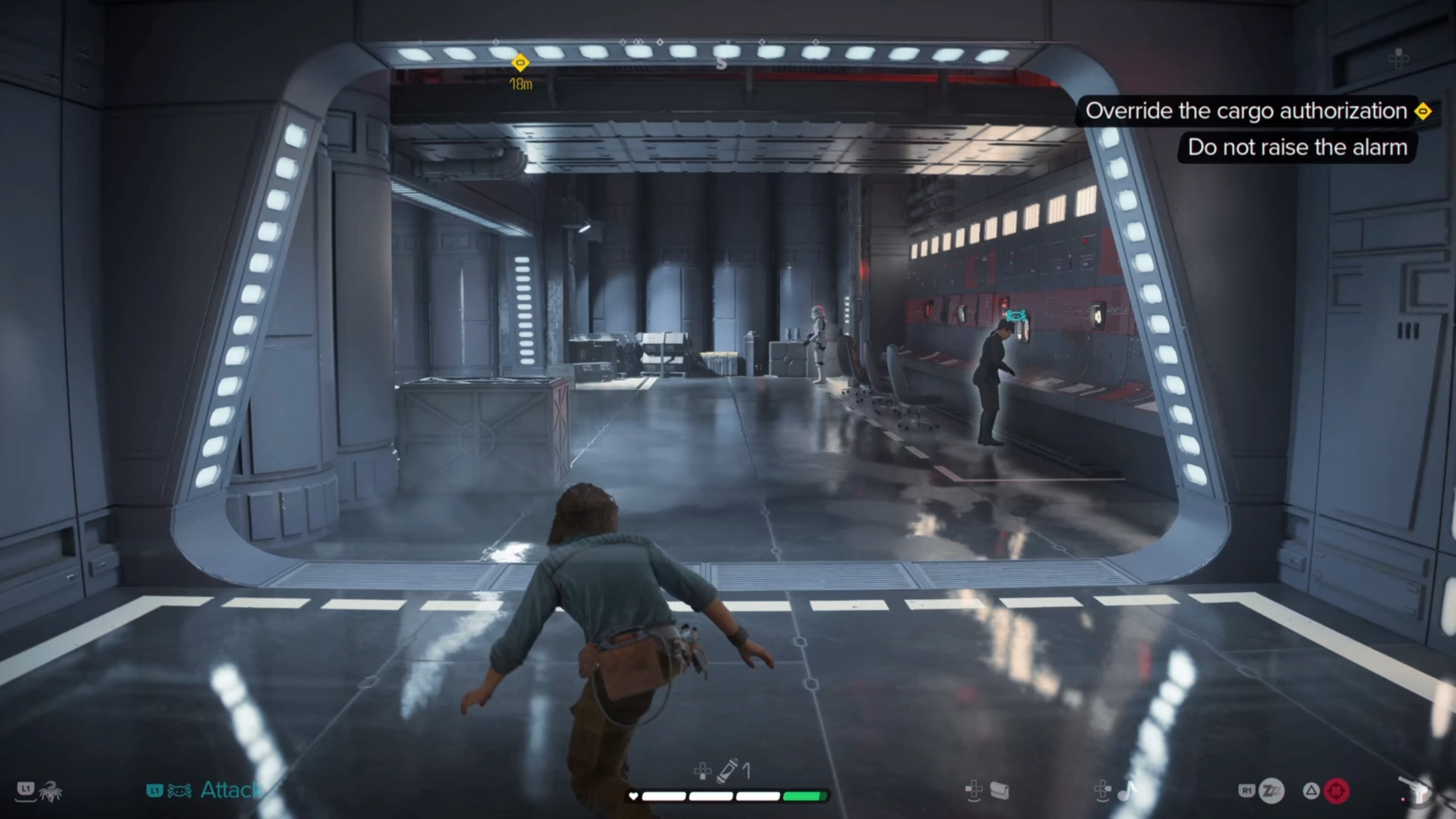 Kay crouched and looking at two Imperial enemies in a room in Star Wars Outlaws.