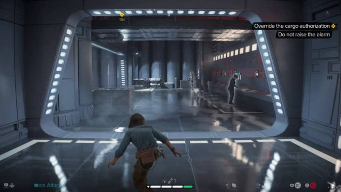 Kay crouched and looking at two Imperial enemies in a room in Star Wars Outlaws.
