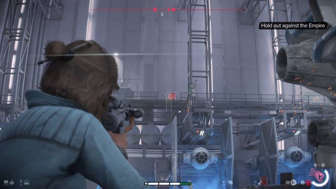 Kay aiming at a red barrel beside an enemy high above in Star Wars Outlaws.