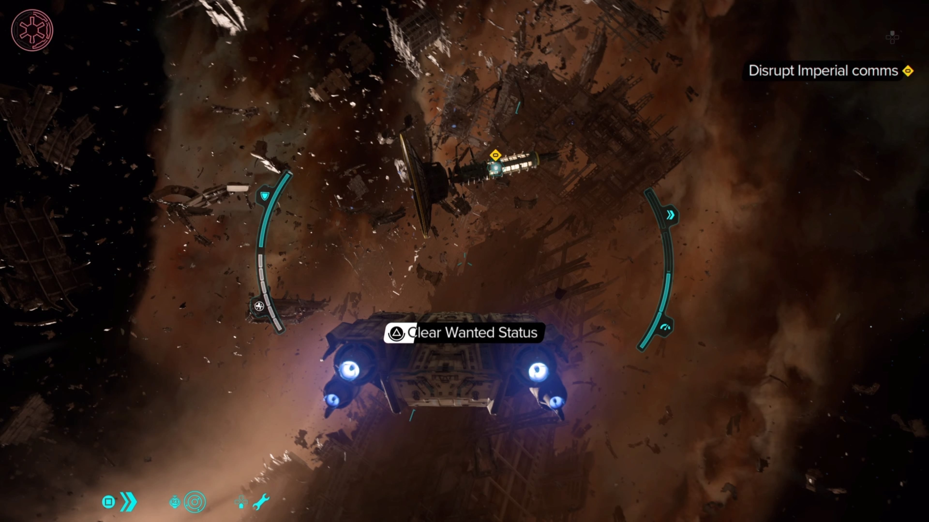 Ship view of using an Imperial relay to clear the Wanted status in Star Wars Outlaws.