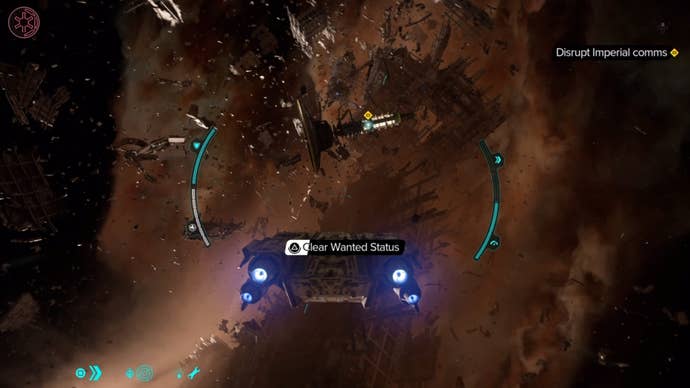 Ship view of using an Imperial relay to clear the Wanted status in Star Wars Outlaws.