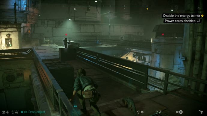Kay looking a distant enemies on a walkway in a Pyke Stronghold in Star Wars Outlaws.