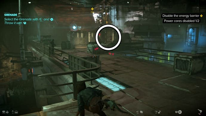 A white circle showing where a power core is located in a Pyke Stronghold in Star Wars Outlaws.